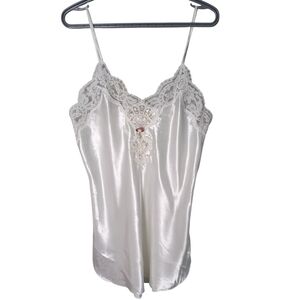 California Dynasty Vintage White Satin Chemise Nightgown Floral Lace Trim Large